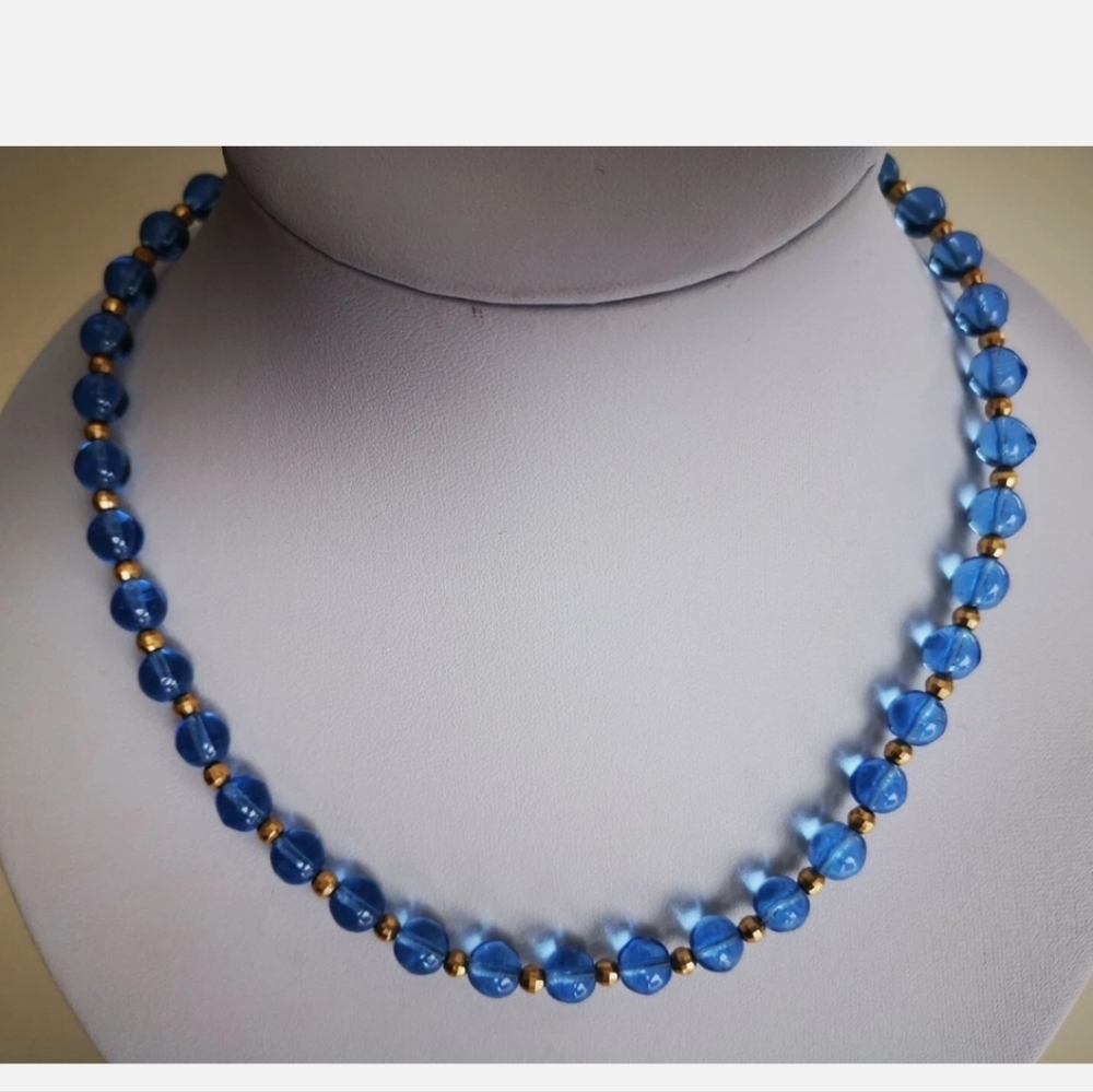 Vintage Blue Crystal 8 mm Round Beaded Necklace